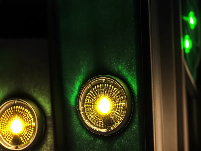 The steady green status light of a fiber gateway in a dark home office.