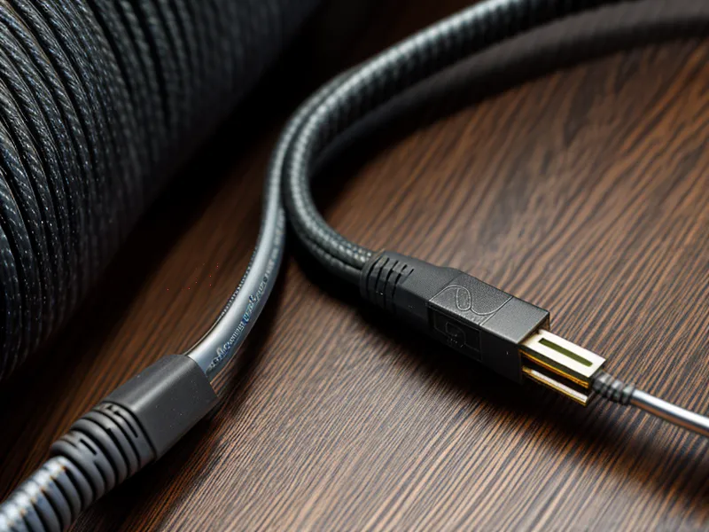 Close-up of an ethernet cable plugging into a black internet gateway on a wooden desk.