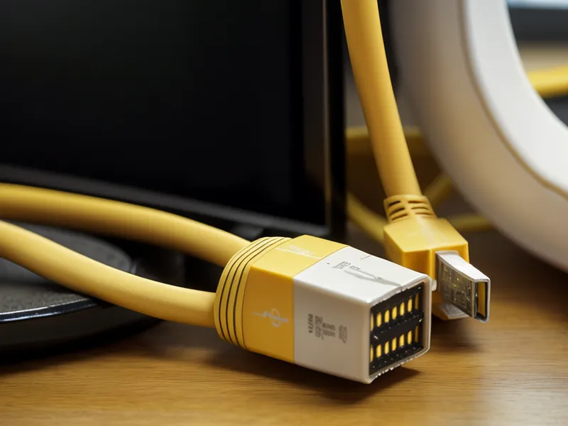 Close-up of a yellow ethernet cable connecting to a modern fiber optic modem.