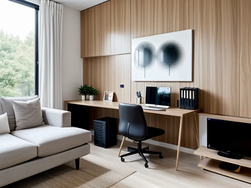 A calm and organized home office workspace with a coffee mug and notebook.