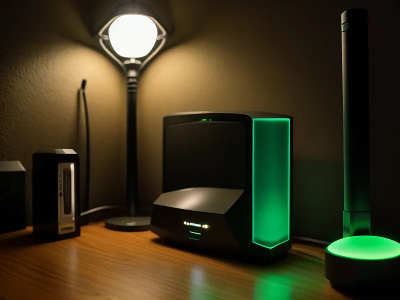 Home office router with status lights blinking during an evening Kansas City internet speed test