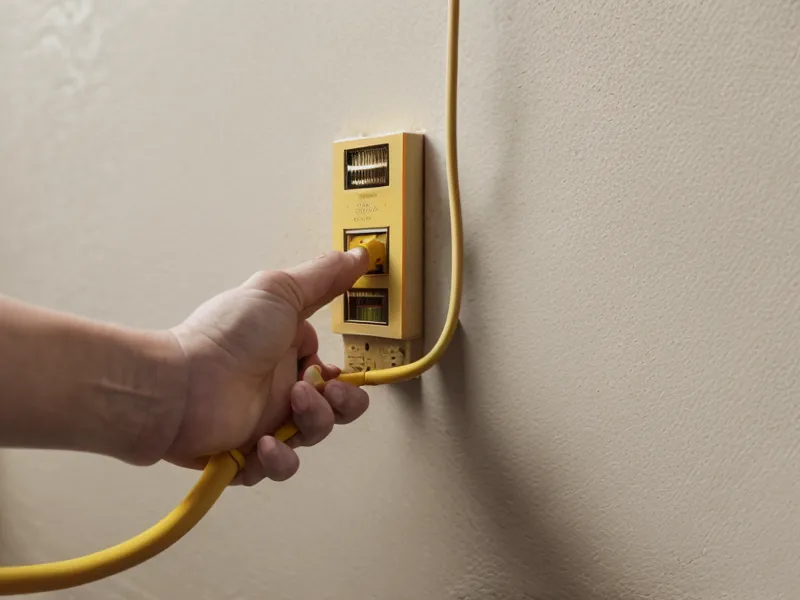 Plugging an Ethernet cable into a wall jack during a fiber internet installation in a suburban home office