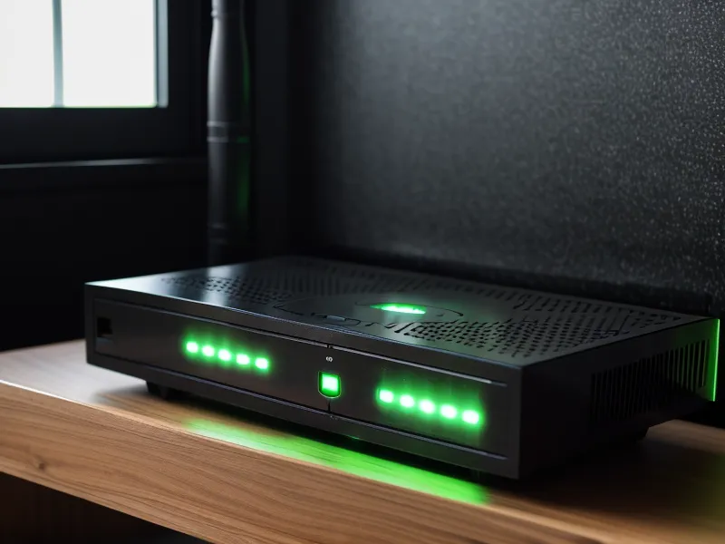 Close-up of a high-speed internet router with active green lights and an ethernet cable.