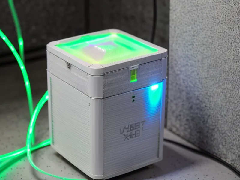 A fiber optic ONT box mounted on a basement wall with a green light.