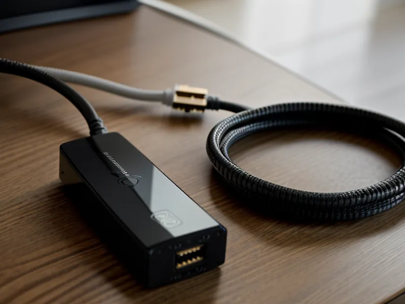 Close-up of an ethernet cable connecting to a fiber optic terminal.