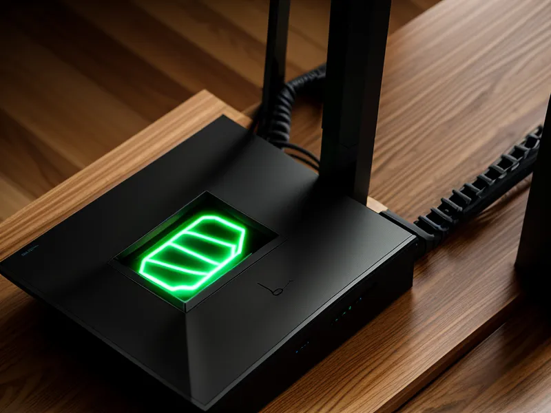 A steady green status light on an internet modem in a dim room.