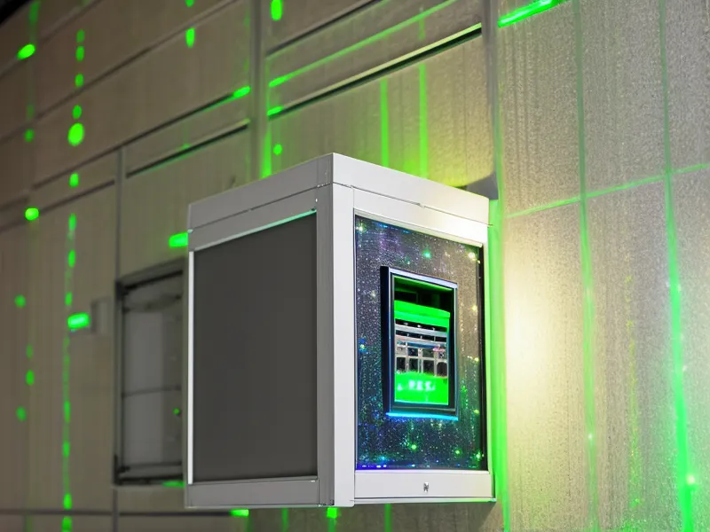 Close-up of a fiber optic internet terminal installed on a home wall with green status lights.