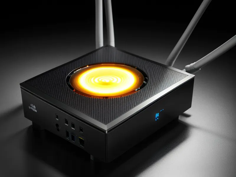 The back of a home router with multiple ethernet and fiber optic cables connected.