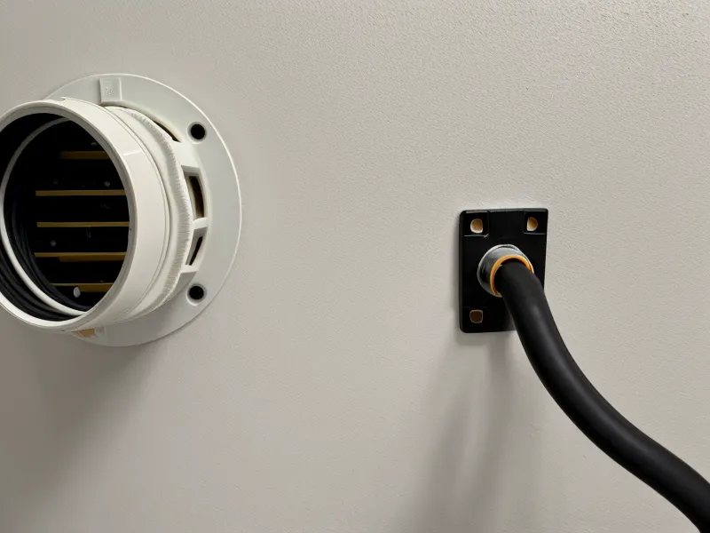 Close-up of a traditional coaxial cable connection on a white wall.
