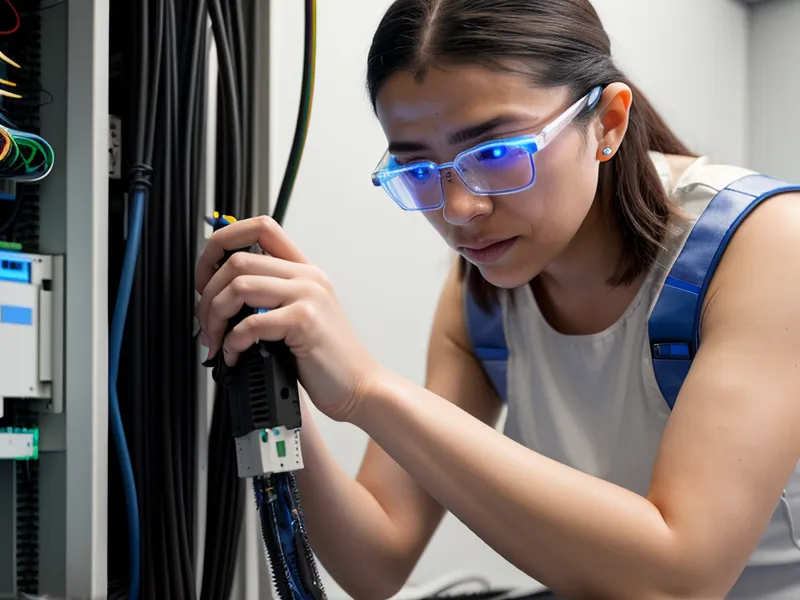 A technician installing a fiber optic internet connection in a home office.