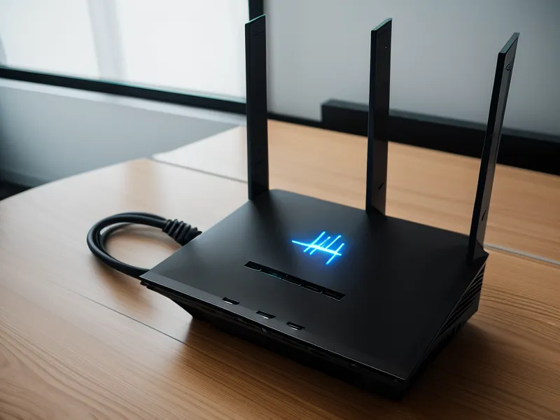 Close-up of an internet router with status lights and an ethernet cable.