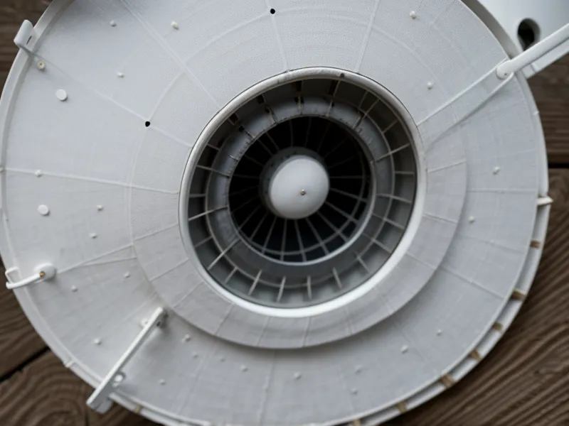 Satellite dish mounted on a house eave during a rainy day