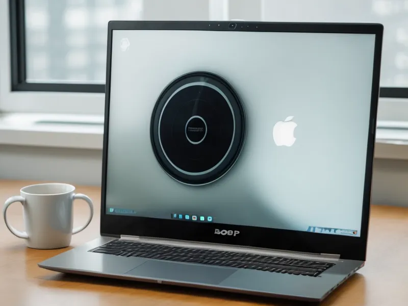 Laptop screen showing a frozen video call with a loading spinner