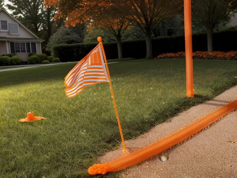 Orange fiber optic utility flag in the grass indicating new internet construction