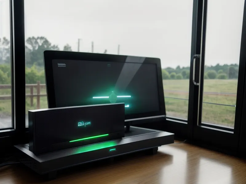 Close-up of a functioning internet router with green status lights in a home office.