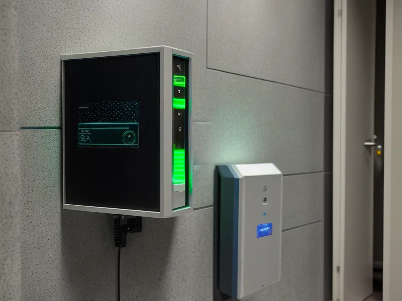 Close-up of an optical network terminal with a steady green status light in a utility room.