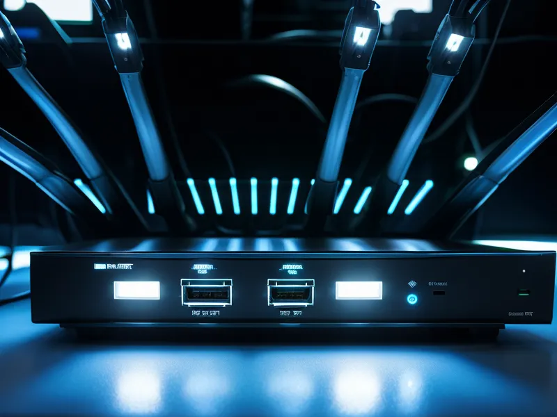 Close-up of blinking status lights on a black internet router.