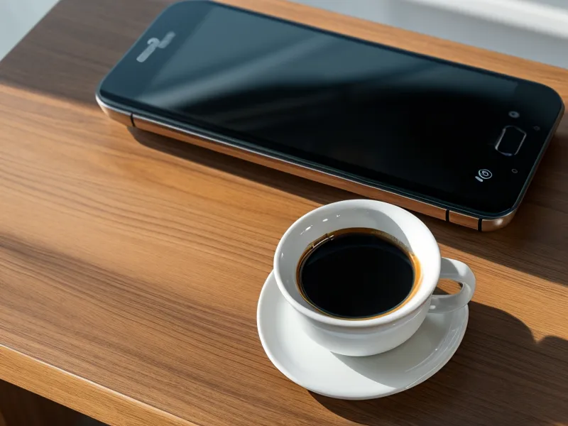 A smartphone and a coffee mug on a desk showing a cloud sync icon.