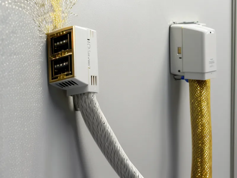 Close-up of an ethernet cable connecting to a Frontier Fiber ONT.
