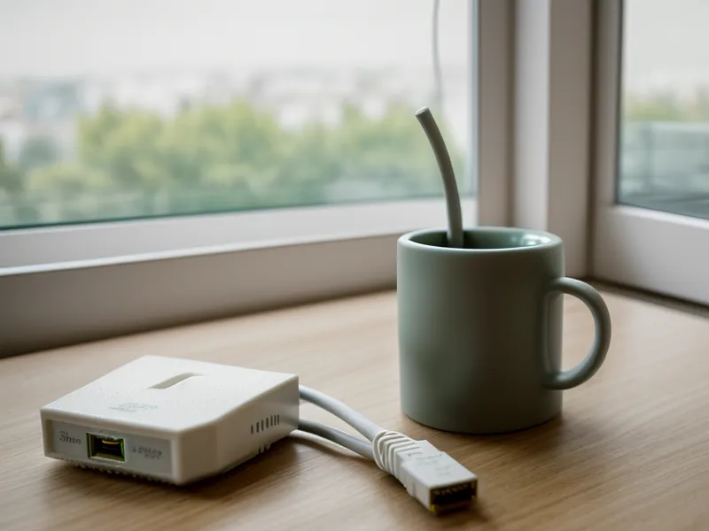 Close-up of an ethernet cable connecting to a fiber optic network terminal