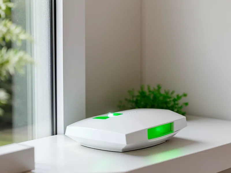 Close-up of a 5G home internet gateway positioned on a window sill for better signal.
