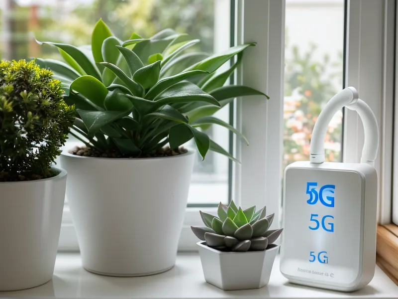 A 5G home internet gateway positioned on a windowsill for better signal reception.