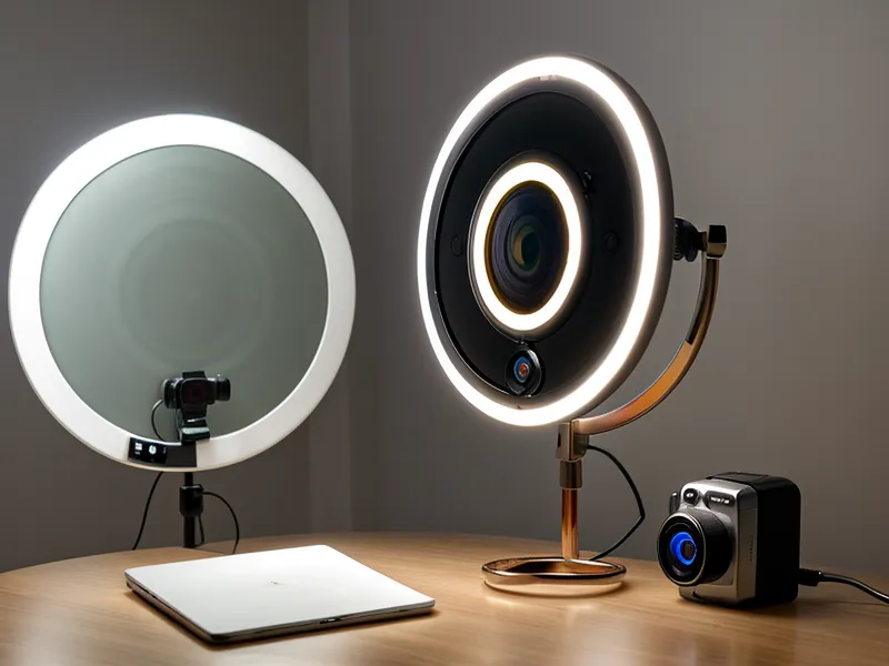 Professional video conferencing equipment including a ring light and high-end webcam.